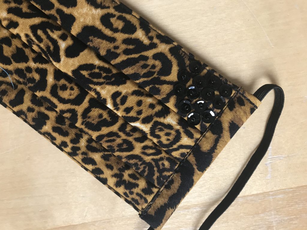 face mask, leopard print, sequins, beads