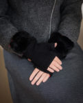 fingerless gloves in black boucle with red lining