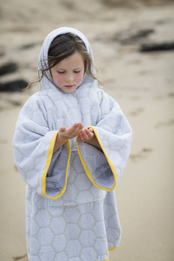 changing robe in grey and yellow