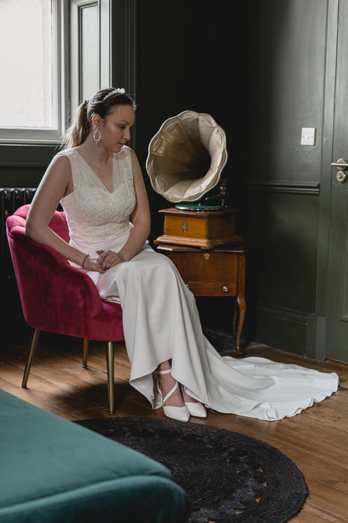 wedding dress with silk veiling bodice and embellishment