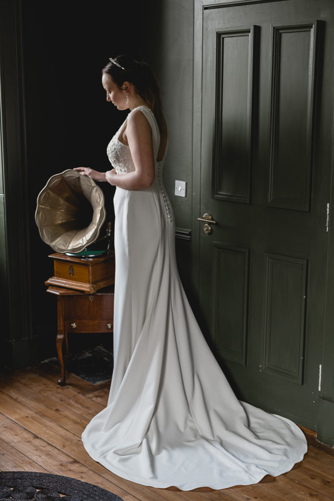 side view crepe skirt and silk bodice