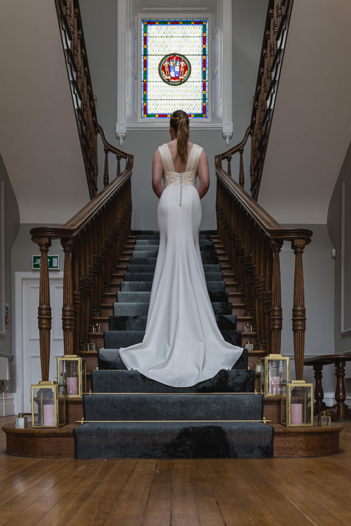 wedding dress with gathered silk veiling bodice