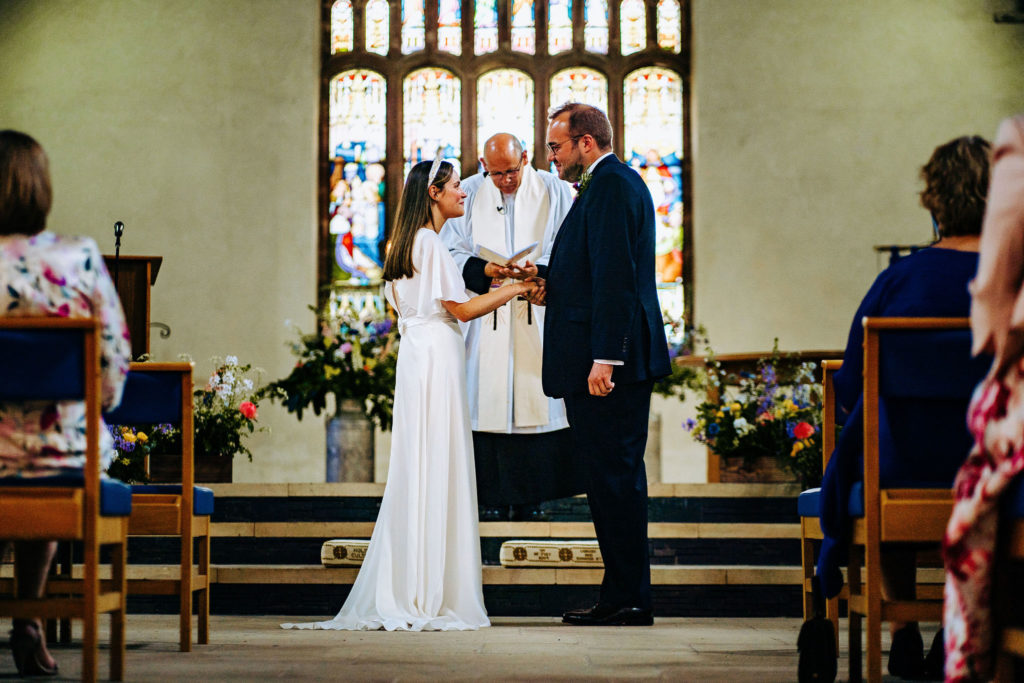 silk wedding dress, church ceremony