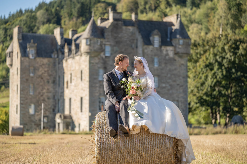 bride and groom at castle menzies