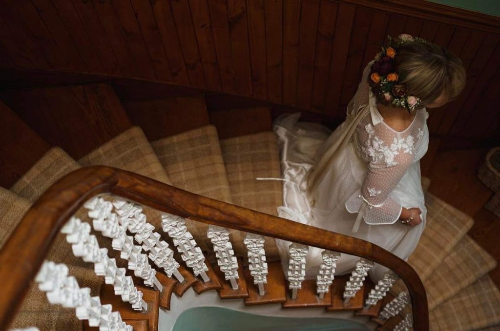 romantic vintage style bride on staircase