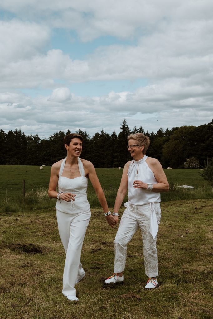 Two bridal trouser suits