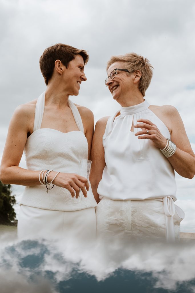 Two bridal trouser suits