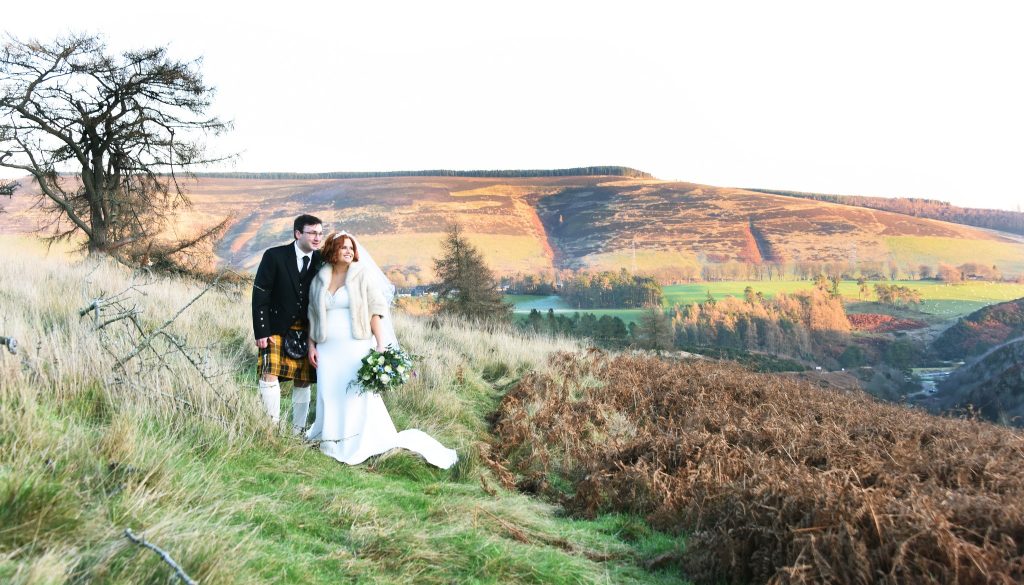 bride and groom in winter sun