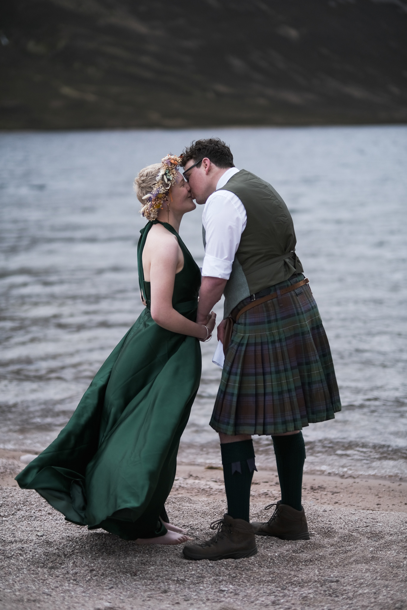 Green silk wedding dress for a wedding in the Highlands