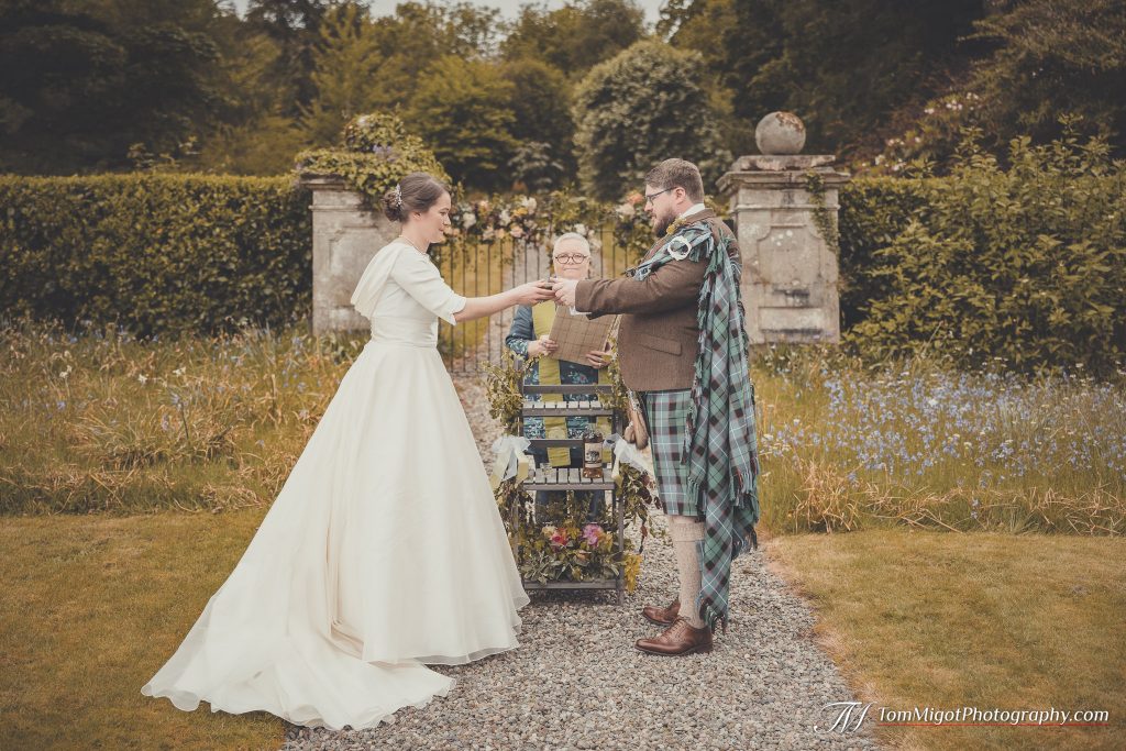 lochside wedding garden ceremony, silk organza wedding dress