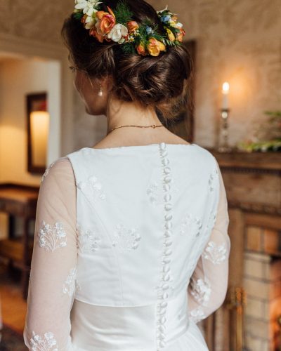 embroidered tulle lace wedding dress with silk chiffon skirt