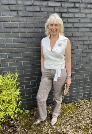 Wrap Blouse and trousers with front fly zip
