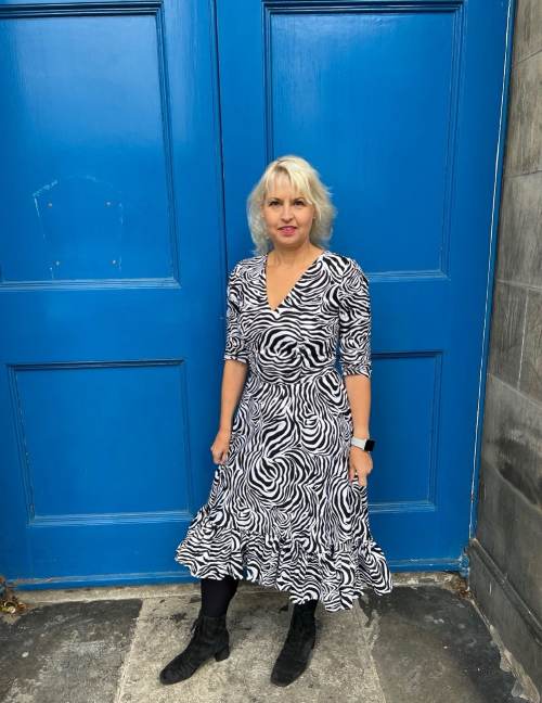 Versatile day dress with half circle skirt, in zebra print cotton poplin