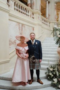 pink dress with off the shoulder collar